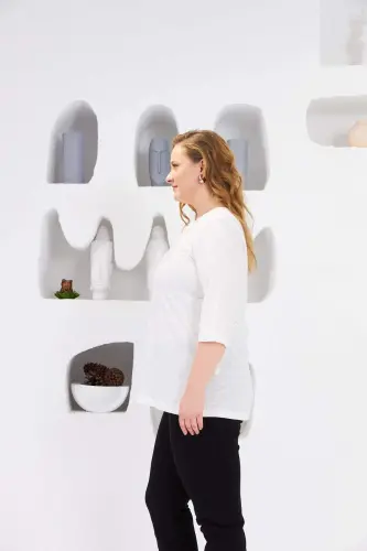 Crew Neck Ribbed Plus Size Blouse Ecru - BÜYÜKBEDENIZ (1)