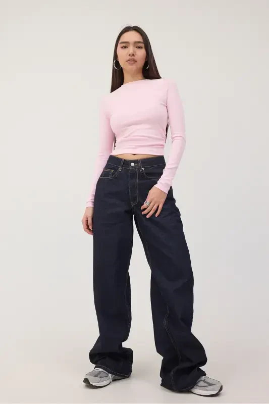 Crew Neck Ruched Side Basic Blouse B4164-U13-Pink - ADDAX