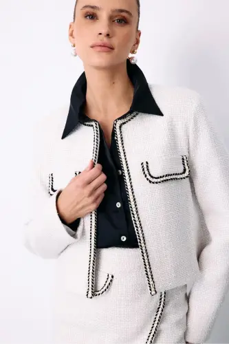 Crew Neck Short Jacket-Cream - 4