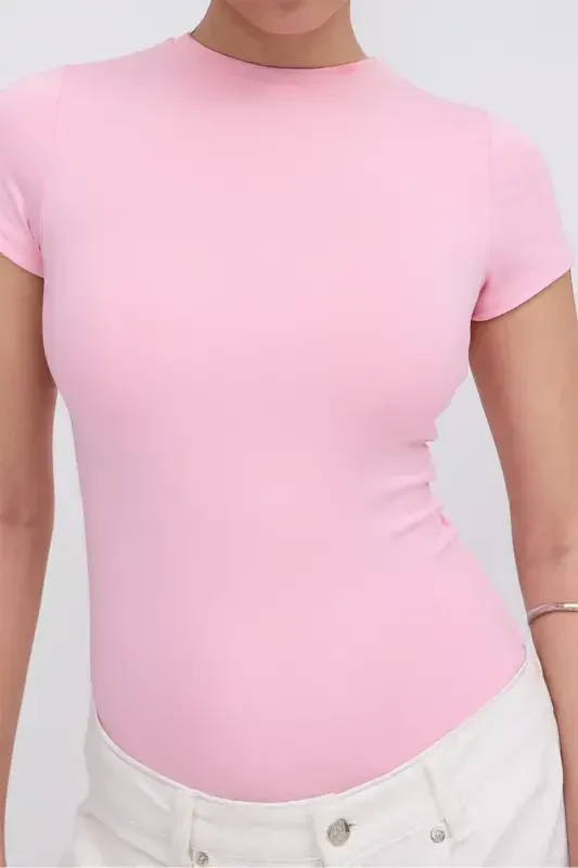 Crew Neck Short Sleeve Bodysuit Z24-0043-H8-Begonia - 3