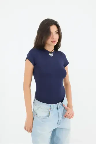 Crew Neck Short Sleeve Bodysuit Z24-0043-H8-Navy - 3