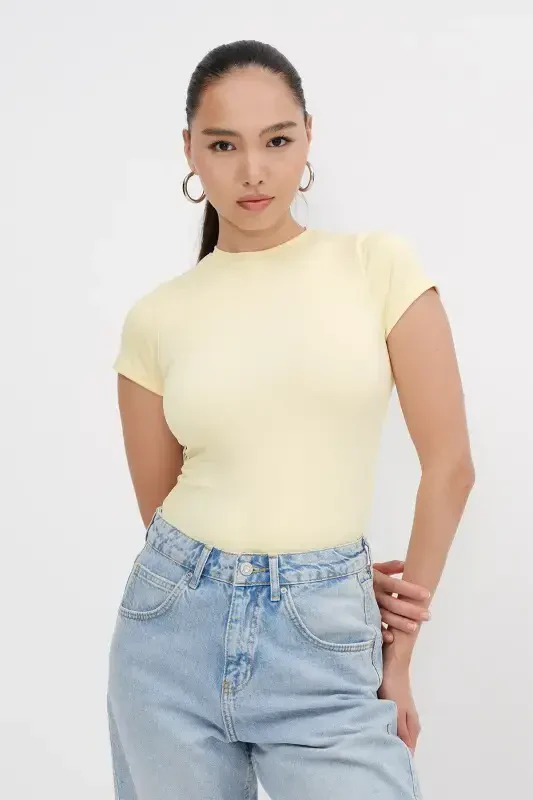 Crew Neck Short Sleeve Bodysuit Z24-0043-H8-Y.Yellow - ADDAX