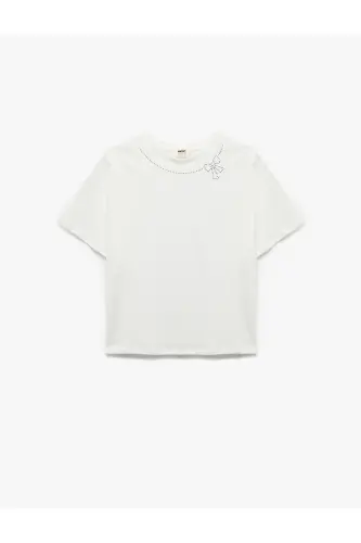 Crew Neck Short Sleeve Bow Detailed Cotton T-Shirt - 1