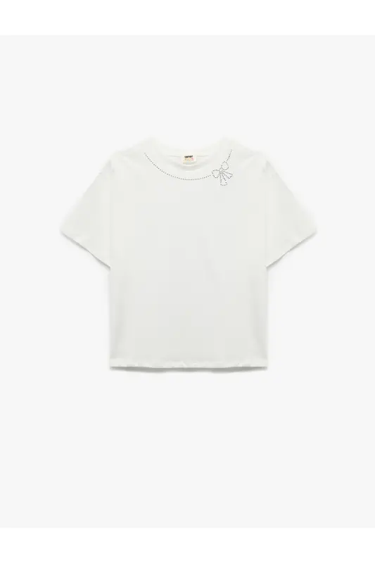 Crew Neck Short Sleeve Bow Detailed Cotton T-Shirt - 1