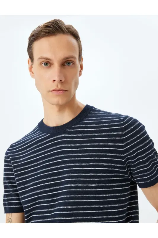 Crew Neck Short Sleeve Cotton Striped Knit T-Shirt - KOTON