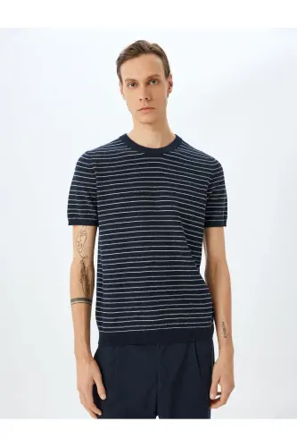 Crew Neck Short Sleeve Cotton Striped Knit T-Shirt - 3