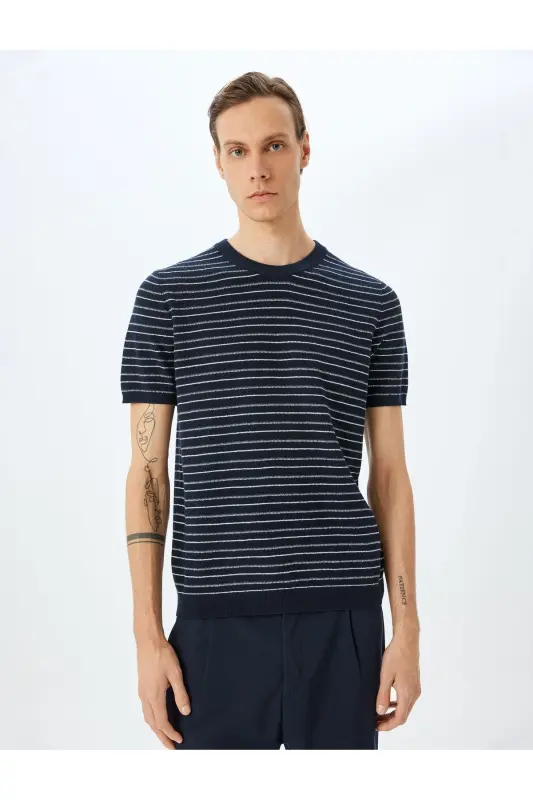 Crew Neck Short Sleeve Cotton Striped Knit T-Shirt - 3