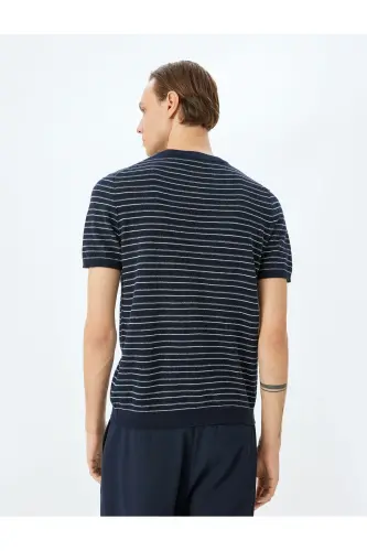 Crew Neck Short Sleeve Cotton Striped Knit T-Shirt - 4