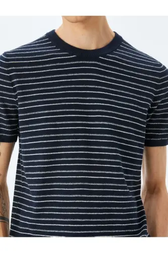 Crew Neck Short Sleeve Cotton Striped Knit T-Shirt - 5