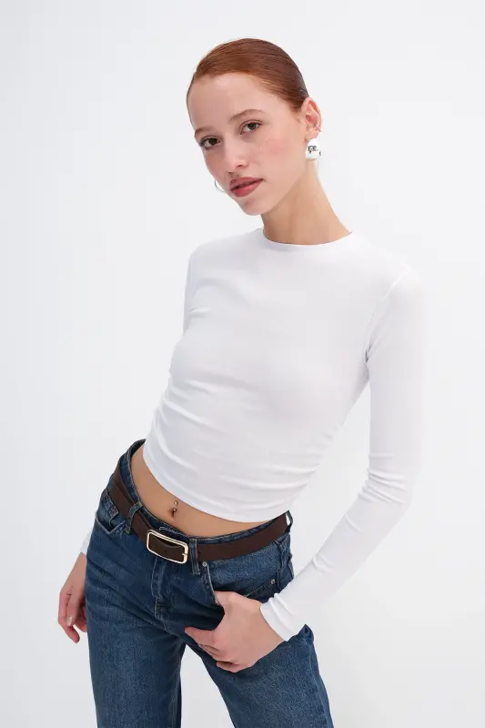 Crew Neck Side Gathered Basic Blouse B4164-U13 - ADDAX