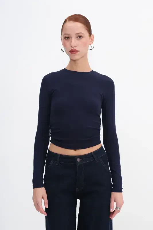 Crew Neck Side Gathered Basic Blouse B4164-U13-Navy Blue - ADDAX