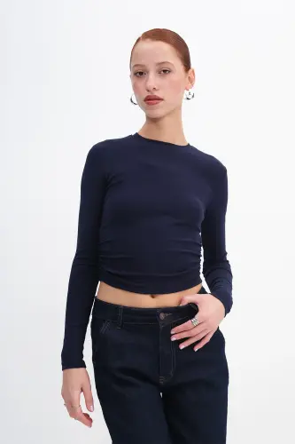 Crew Neck Side Gathered Basic Blouse B4164-U13-Navy Blue - 6