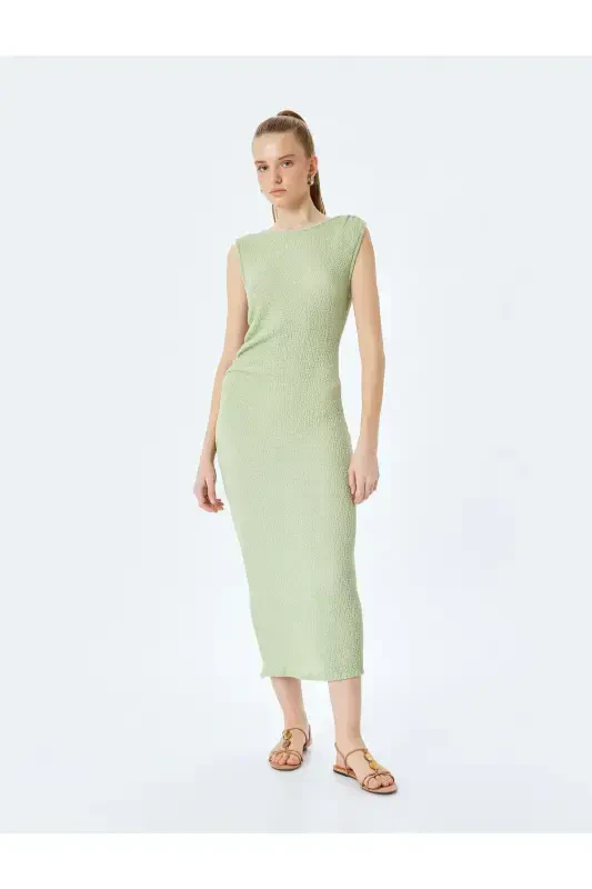 Crew Neck Sleeveless Slim Fit Textured Draped Long Dress Crinkle - KOTON
