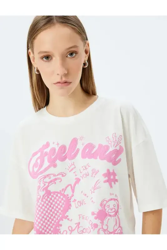 Crew Neck Slogan Printed Ecru Women's T-Shirt 5SAL10044IK - KOTON