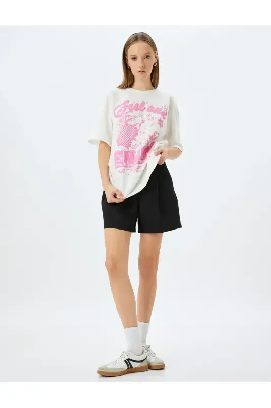 Crew Neck Slogan Printed Ecru Women's T-Shirt 5SAL10044IK - 2