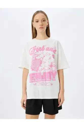 Crew Neck Slogan Printed Ecru Women's T-Shirt 5SAL10044IK - 3