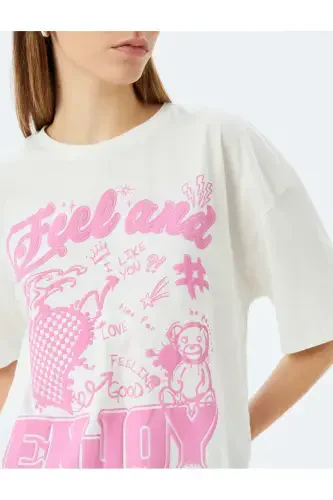 Crew Neck Slogan Printed Ecru Women's T-Shirt 5SAL10044IK - 5