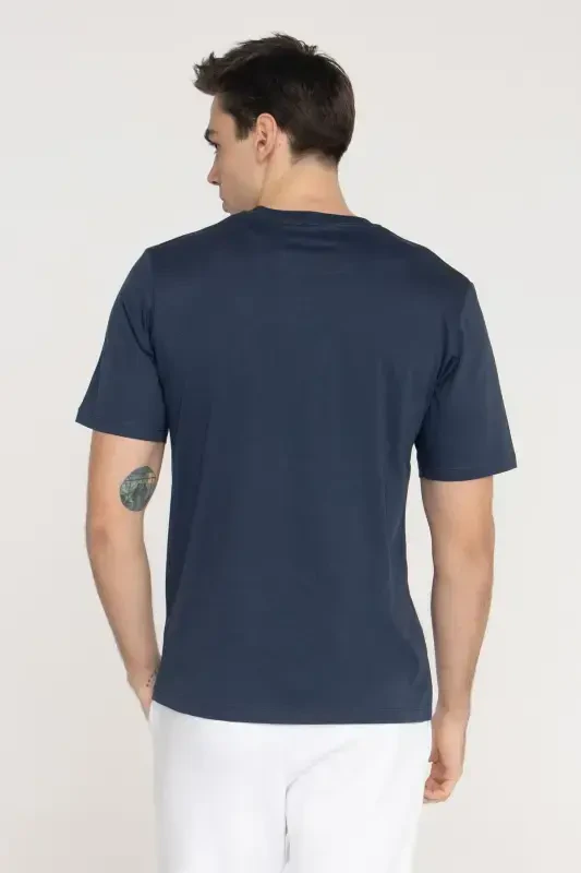 Crew Neck T-Shirt with Logo - Techlogo-Navy Blazer - 3