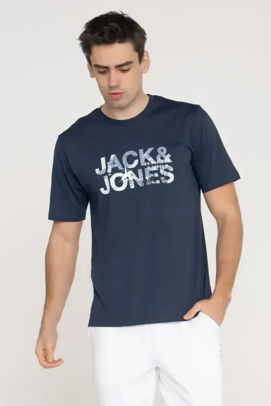 Crew Neck T-Shirt with Logo - Techlogo-Navy Blazer - 4