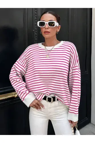 Crew Neck V Model Sweater - pink striped - 1