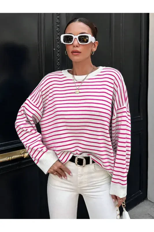 Crew Neck V Model Sweater - pink striped - 1
