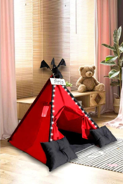 Crimson-black Illuminated Native American Play Tent Activity Area Thick Cushioned Playhouse Pillow - 3