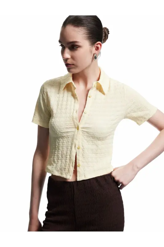 Crinkle Fabric Buttoned Slim Fit Short Sleeve Shirt - 1