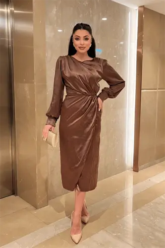 Crinkle Fabric Crossover Pencil Dress - BROWN - 1