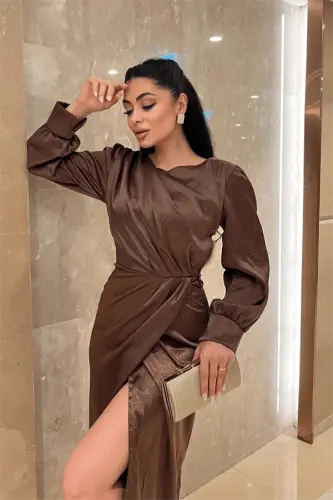 Crinkle Fabric Crossover Pencil Dress - BROWN - 3