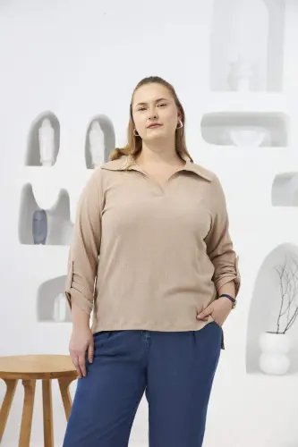 Crinkle Fabric Plus Size Beige Blouse - 1