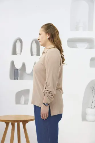 Crinkle Fabric Plus Size Beige Blouse - BÜYÜKBEDENIZ (1)