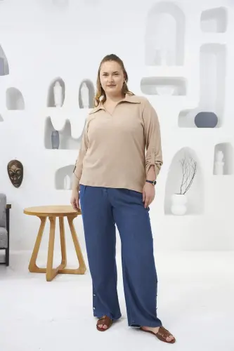 Crinkle Fabric Plus Size Beige Blouse - 5