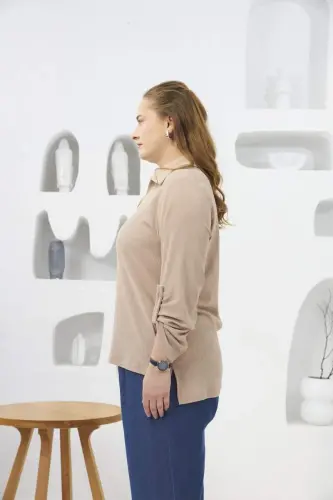 Crinkle Fabric Plus Size Beige Blouse - BÜYÜKBEDENIZ (1)