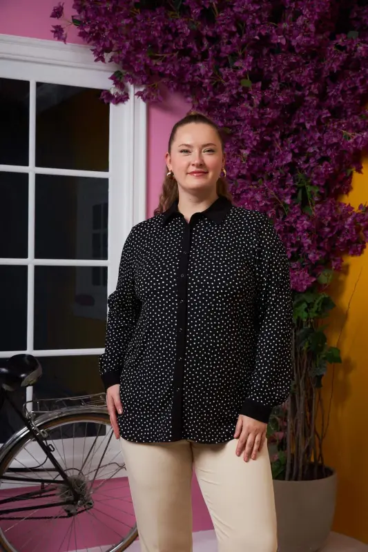 Crinkle Fabric Plus Size Shirt Polka Dot - BÜYÜKBEDENIZ
