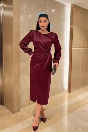 Crinkle Fabric Wrap Pencil Dress - BURGUNDY - BÜYÜKBEDENIZ (1)