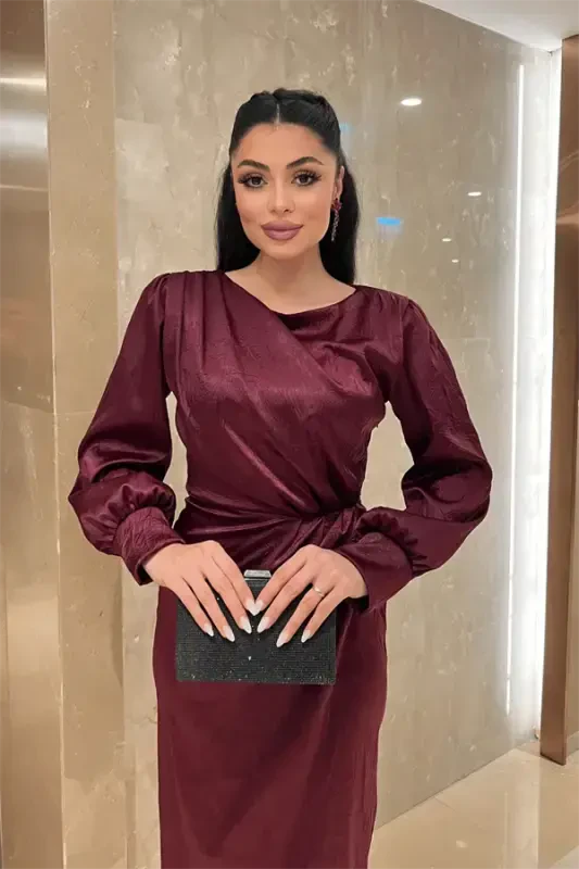 Crinkle Fabric Wrap Pencil Dress - BURGUNDY - 4