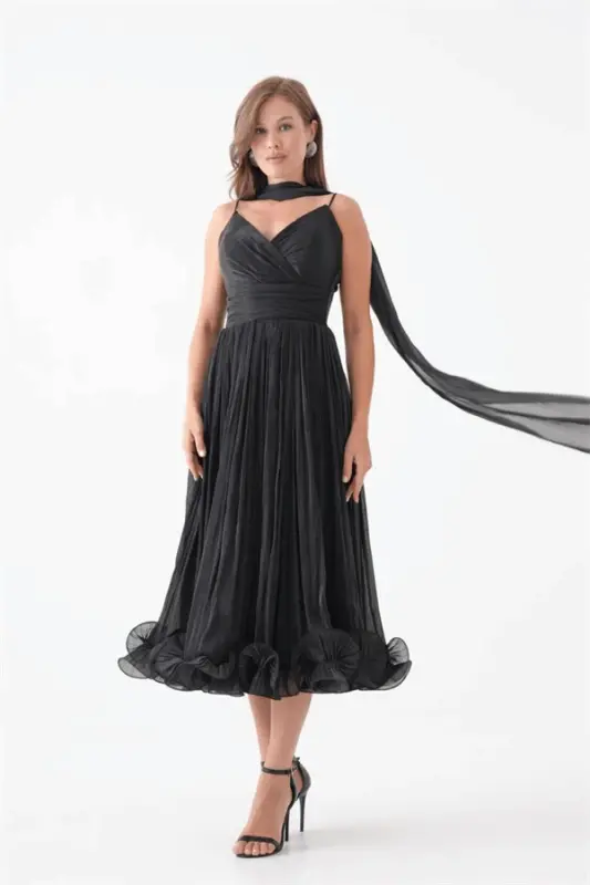 Crinkle Satin Fabric Strappy Midi Dress - BLACK - 2