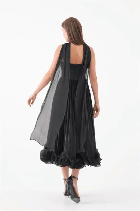 Crinkle Satin Fabric Strappy Midi Dress - BLACK - 5