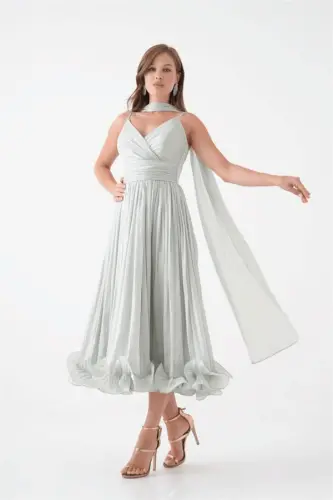 Crinkle Satin Fabric Strappy Midi Dress - MINT GREEN - 1