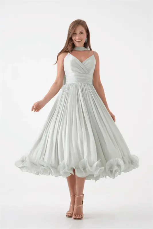 Crinkle Satin Fabric Strappy Midi Dress - MINT GREEN - 2