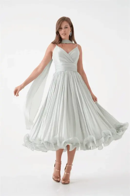 Crinkle Satin Fabric Strappy Midi Dress - MINT GREEN - 3