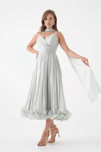 Crinkle Satin Fabric Strappy Midi Dress - MINT GREEN - 4