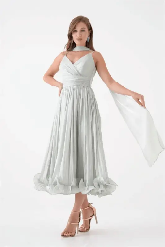 Crinkle Satin Fabric Strappy Midi Dress - MINT GREEN - 4