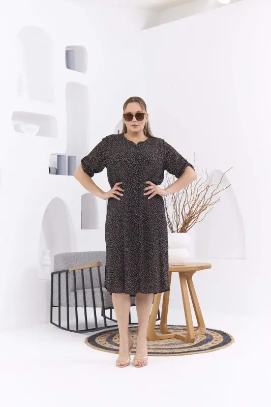 Crisp Floral Print Plus Size Black Dress - BÜYÜKBEDENIZ