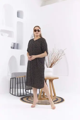 Crisp Floral Print Plus Size Black Dress - BÜYÜKBEDENIZ (1)