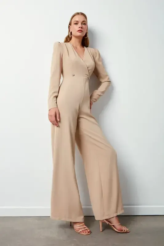 Criss-cross Embellished Crepe Jumpsuit - Beige-BEIGE - SATEEN