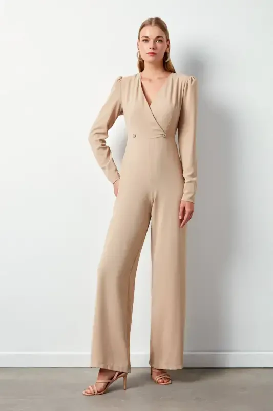 Criss-cross Embellished Crepe Jumpsuit - Beige-BEIGE - 3