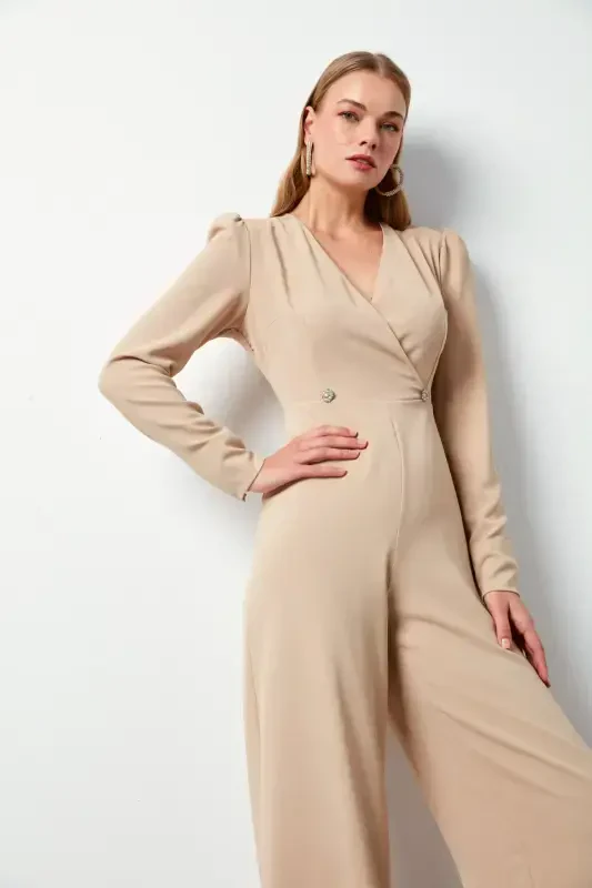 Criss-cross Embellished Crepe Jumpsuit - Beige-BEIGE - 5