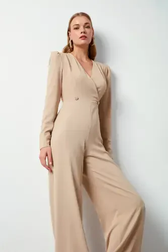 Criss-cross Embellished Crepe Jumpsuit - Beige-BEIGE - 6