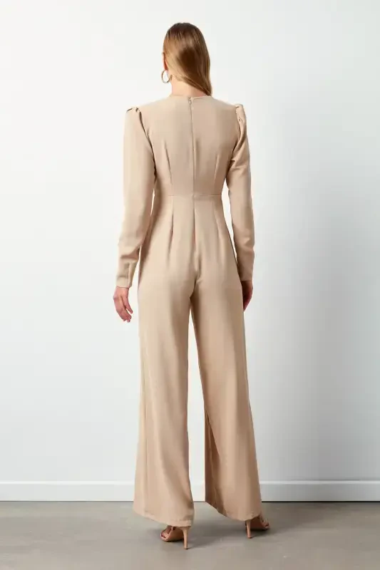 Criss-cross Embellished Crepe Jumpsuit - Beige-BEIGE - 8